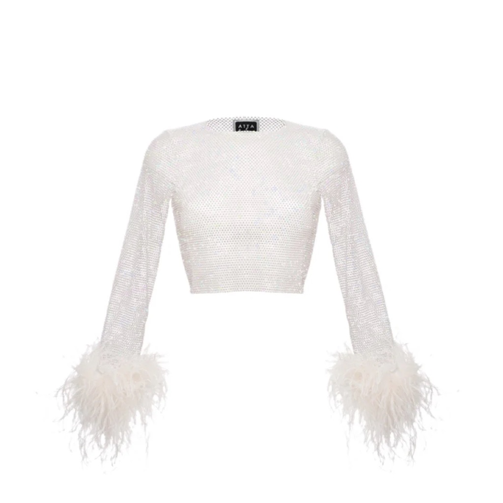Santa Brands Feathers Crop Top In White Mesh Long Sleeve Xs / S